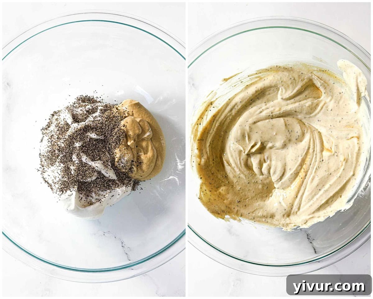 Making the no mayo dressing for High Protein Creamy Dijon Chicken Salad with Greek Yogurt