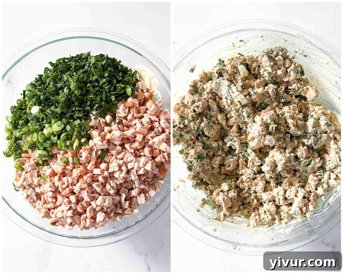 Stirring together the High Protein Creamy Dijon Chicken Salad with Greek Yogurt