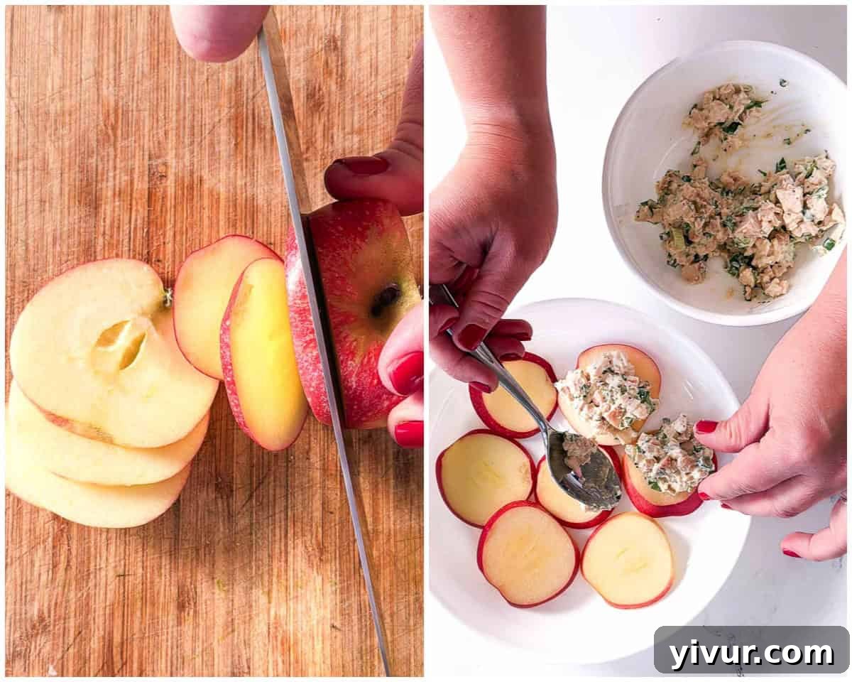 slicing the apples to serve the High Protein Creamy Dijon Chicken Salad with Greek Yogurt on