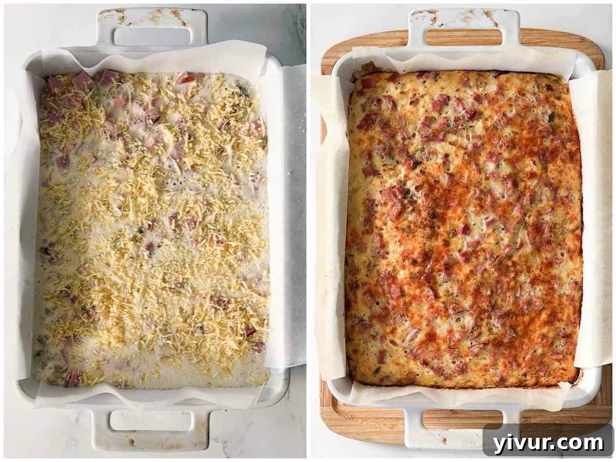 High Protein Ham and Cheese Egg Casserole baking in the oven