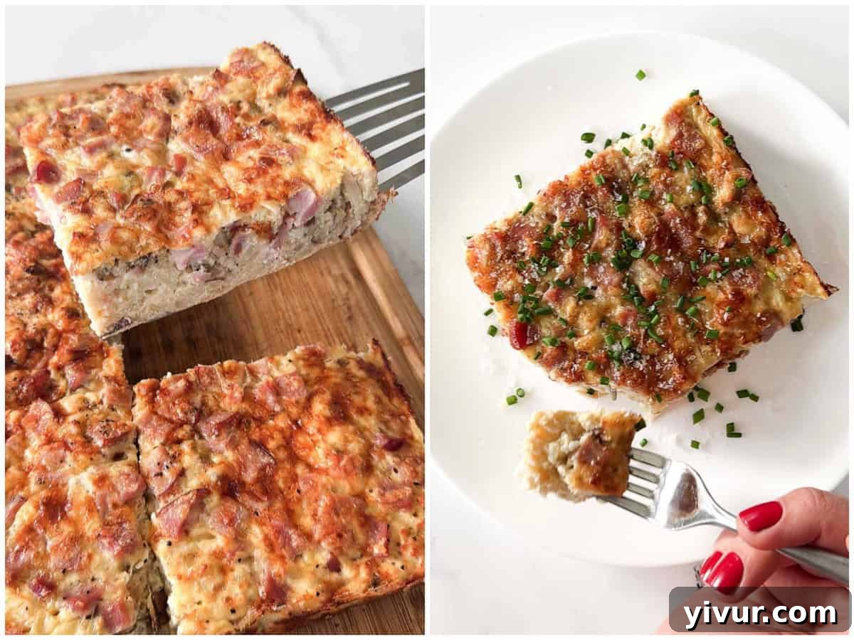 A slice of High Protein Ham and Cheese Egg Casserole topped with fresh chives