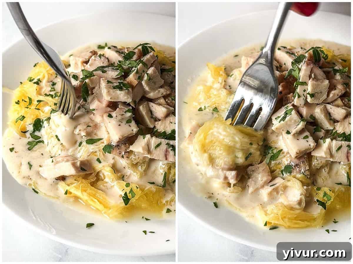 eating cottage cheese chicken alfredo with a fork for High Protein Chicken Alfredo with Cottage Cheese Sauce