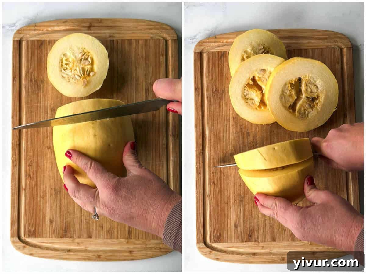 Slicing the spaghetti squash into rounds for High Protein Chicken Alfredo with Cottage Cheese Sauce