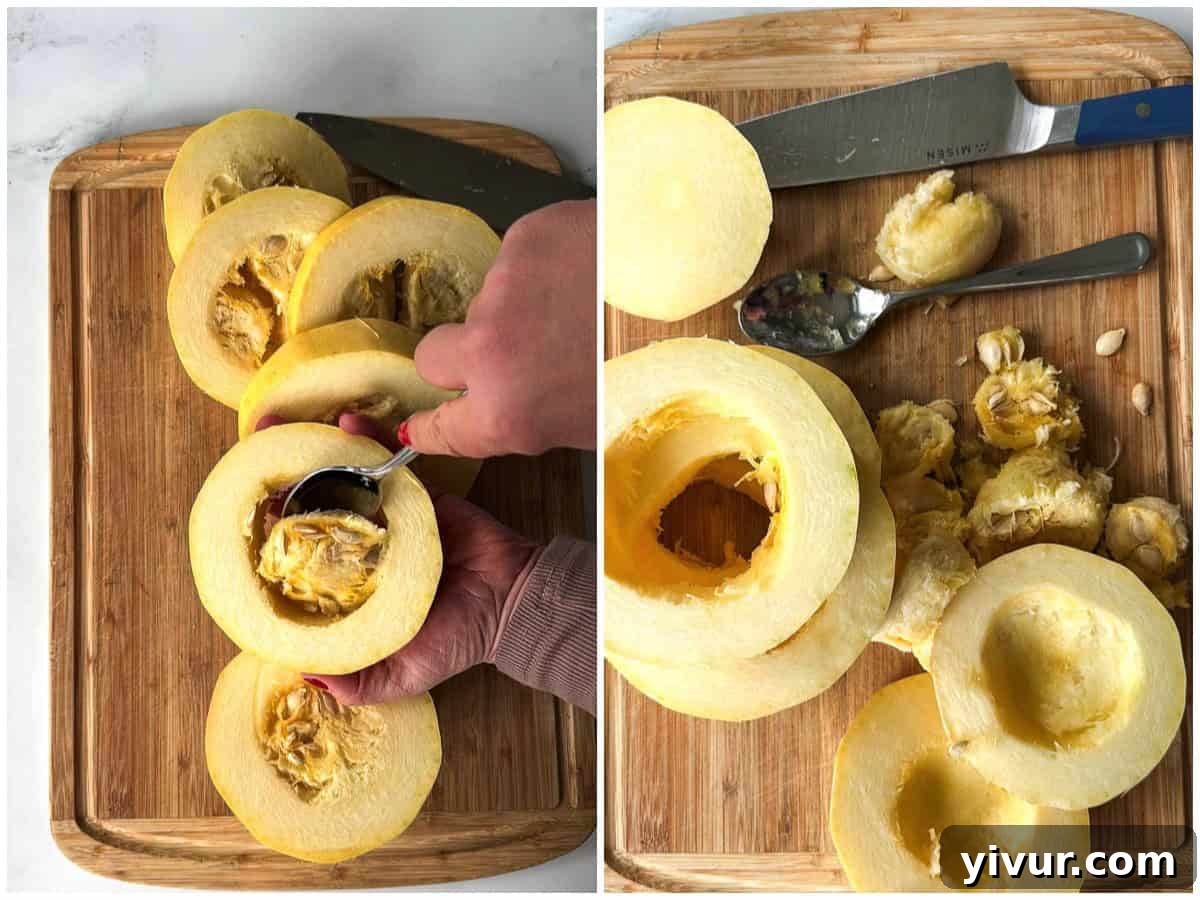 Scraping out the seeds of a spaghetti squash for High Protein Chicken Alfredo with Cottage Cheese Sauce