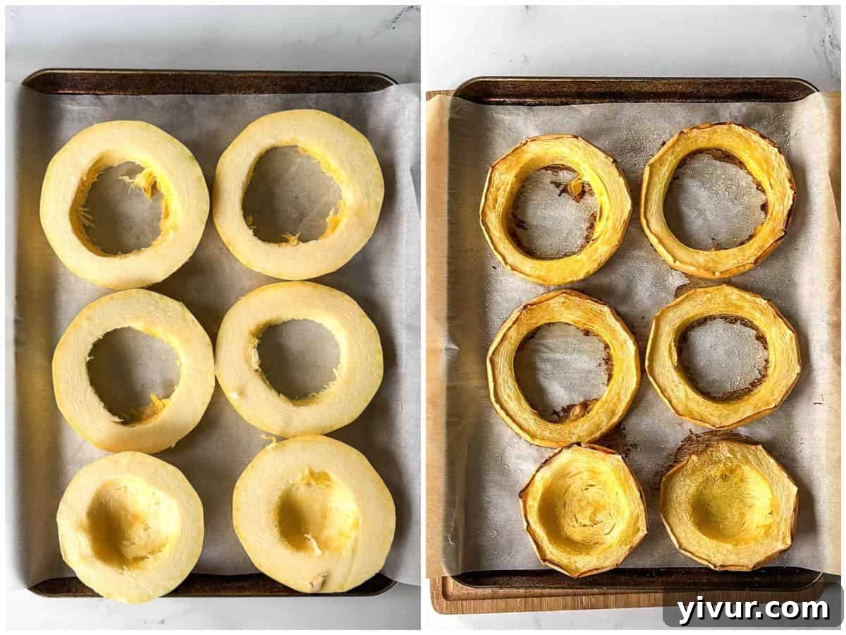 Before and after roasting spaghetti squash for High Protein Chicken Alfredo with Cottage Cheese Sauce