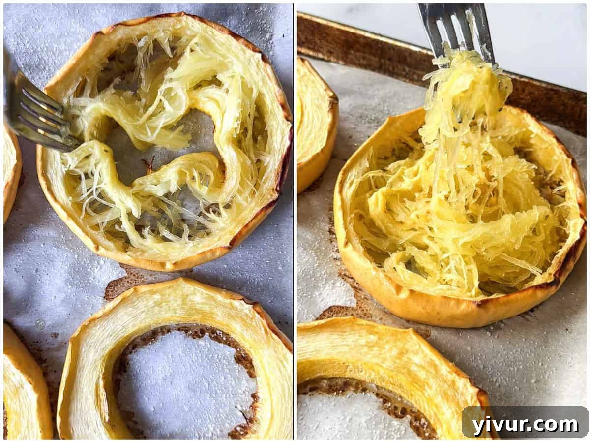 shredding the cooked spaghetti squash for High Protein Chicken Alfredo with Cottage Cheese Sauce