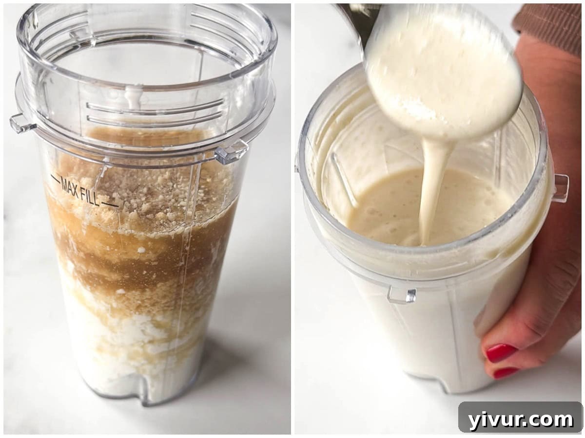 Blending cottage cheese alfredo sauce ingredients in a blender for High Protein Chicken Alfredo with Cottage Cheese Sauce