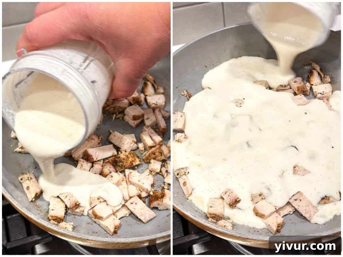 cooking the chicken and warming the sauce for High Protein Chicken Alfredo with Cottage Cheese Sauce