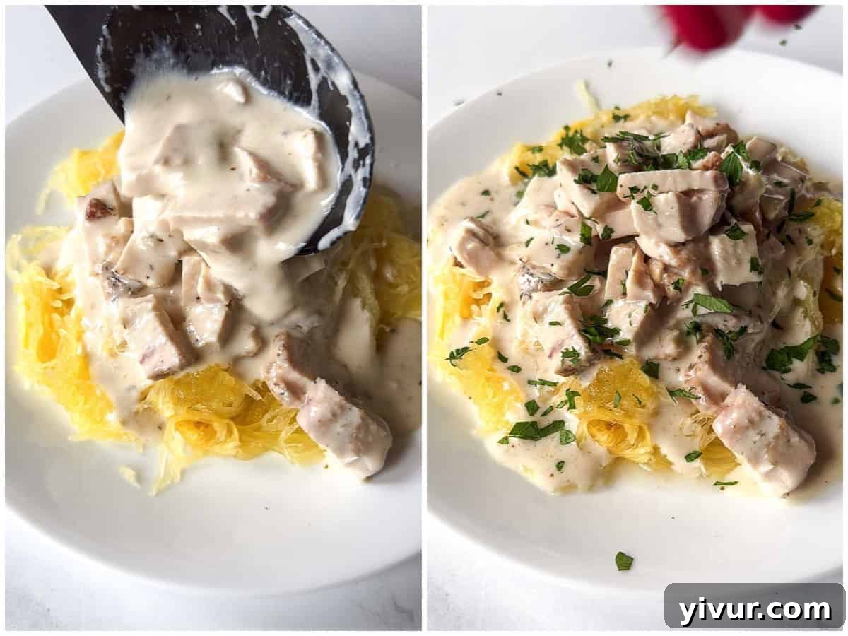 Spooning the warmed cottage cheese alfredo sauce over warm spaghetti squash noodles for High Protein Chicken Alfredo with Cottage Cheese Sauce