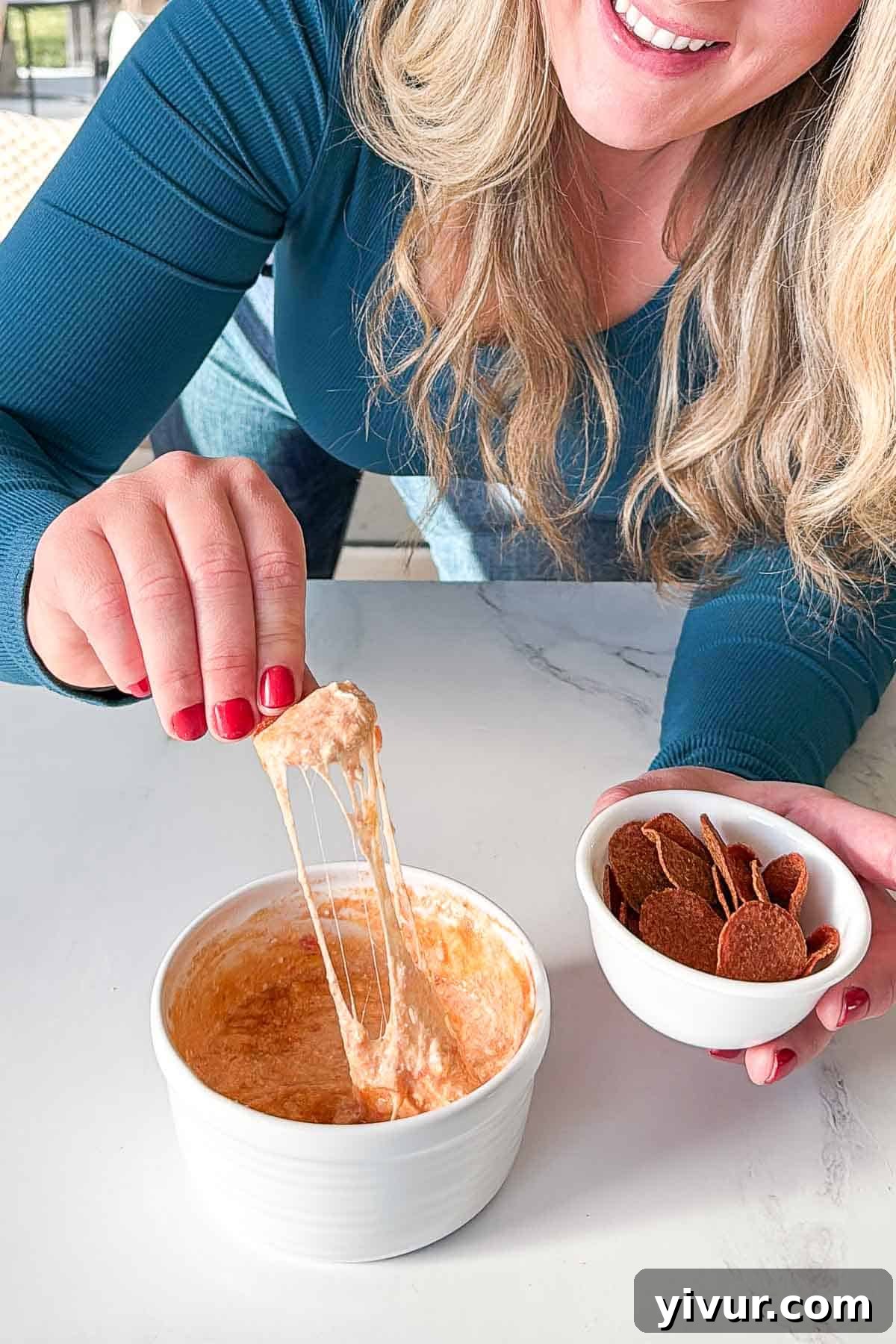 Creamy High Protein Pizza Dip with Cottage Cheese and Crispy Pepperoni Chips