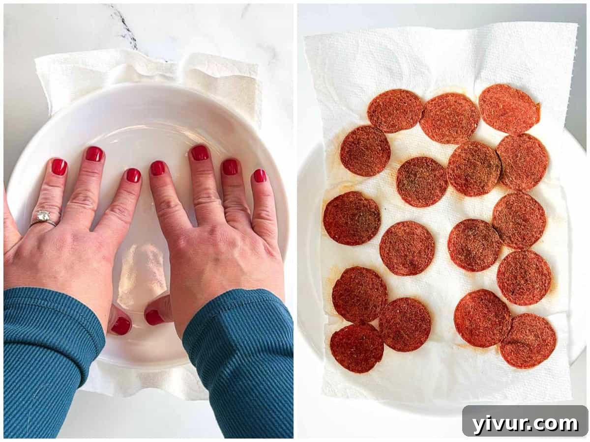 Topping pepperoni chips with another plate and microwaving until crispy for High Protein Pizza Dip with Cottage Cheese and Pepperoni