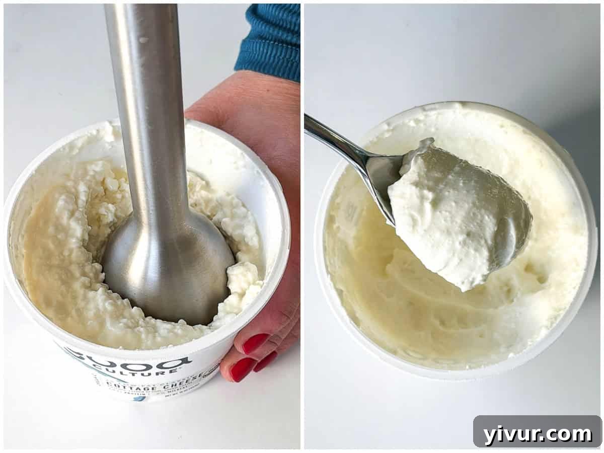 Blending cottage cheese until smooth with an immersion blender for High Protein Pizza Dip with Cottage Cheese and Pepperoni