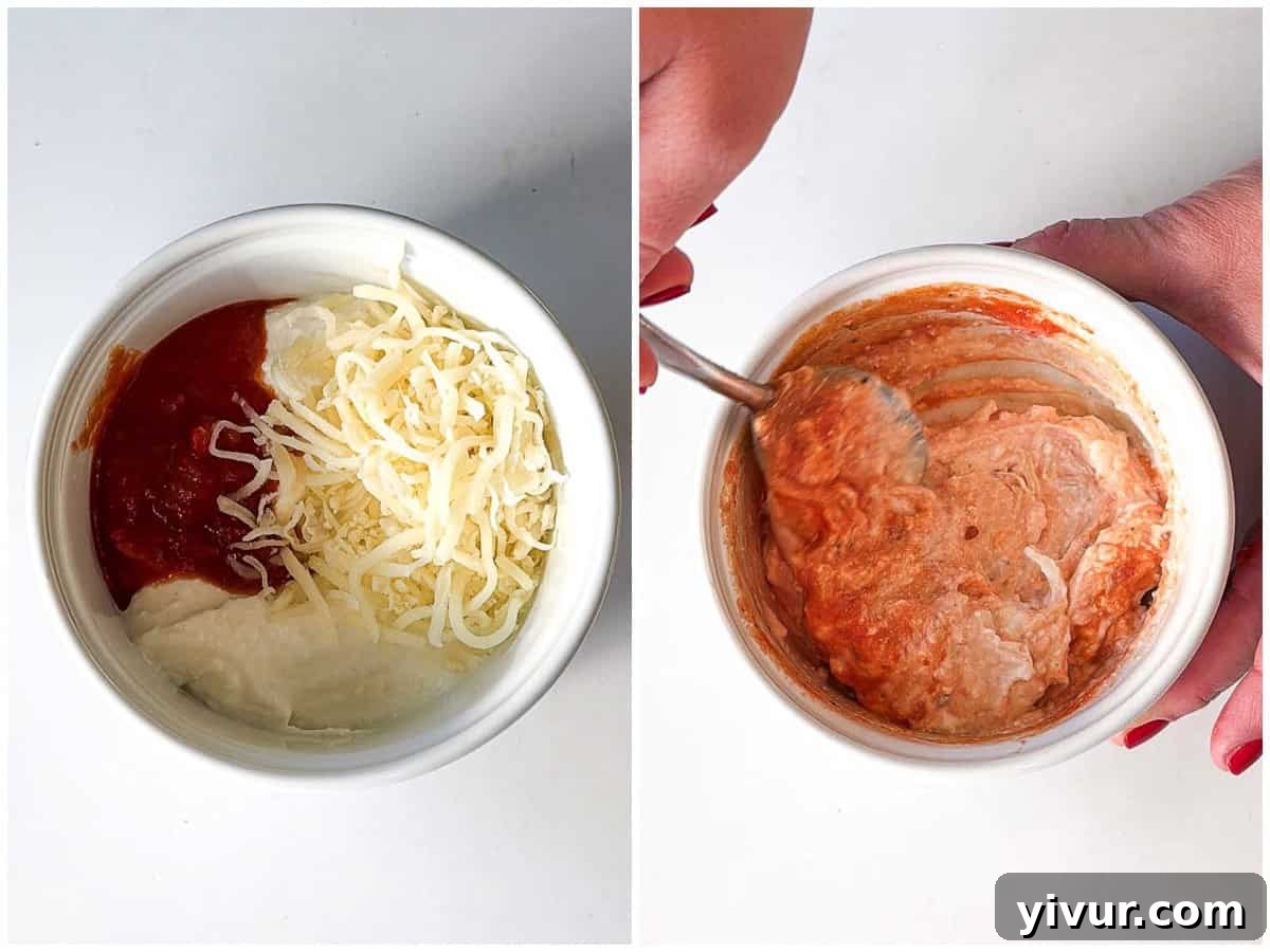 Combining ingredients in a bowl for High Protein Pizza Dip with Cottage Cheese and Pepperoni
