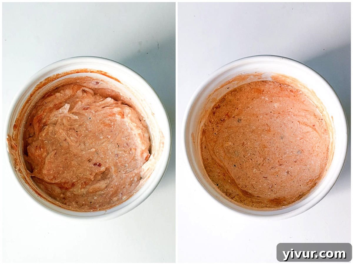 Before and after microwaving ingredients for High Protein Pizza Dip with Cottage Cheese and Pepperoni