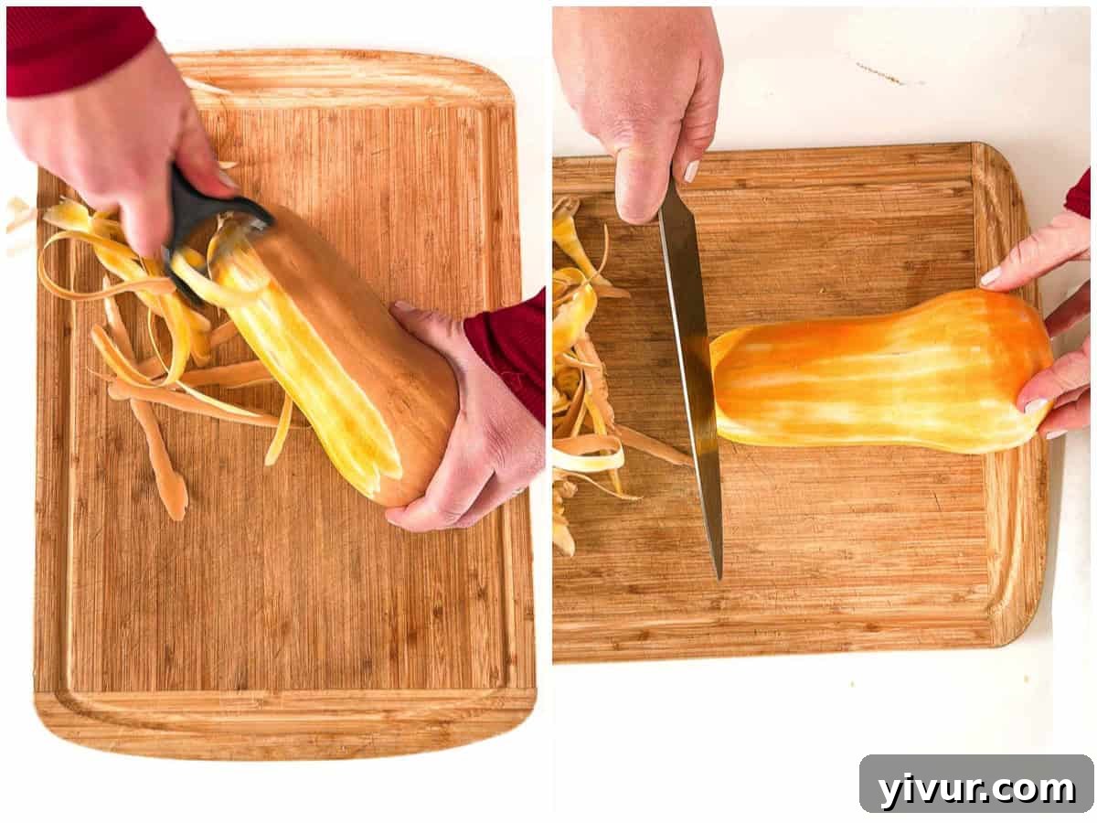 Peeling the outer skin and cutting the ends off a butternut squash, preparing it for slicing in the High Protein Bison Bowl recipe.