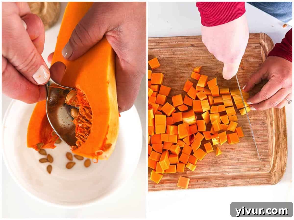 Scooping out the seeds and stringy bits from a halved butternut squash, then chopping the clean flesh into uniform ¾-inch cubes for roasting.
