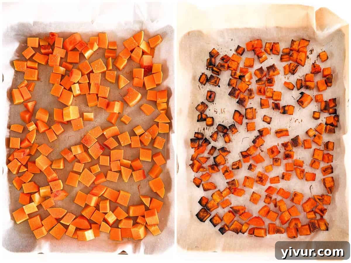 Butternut squash cubes laid out in a single layer on a parchment-lined baking sheet, showing before and after roasting to achieve tender, caramelized pieces.