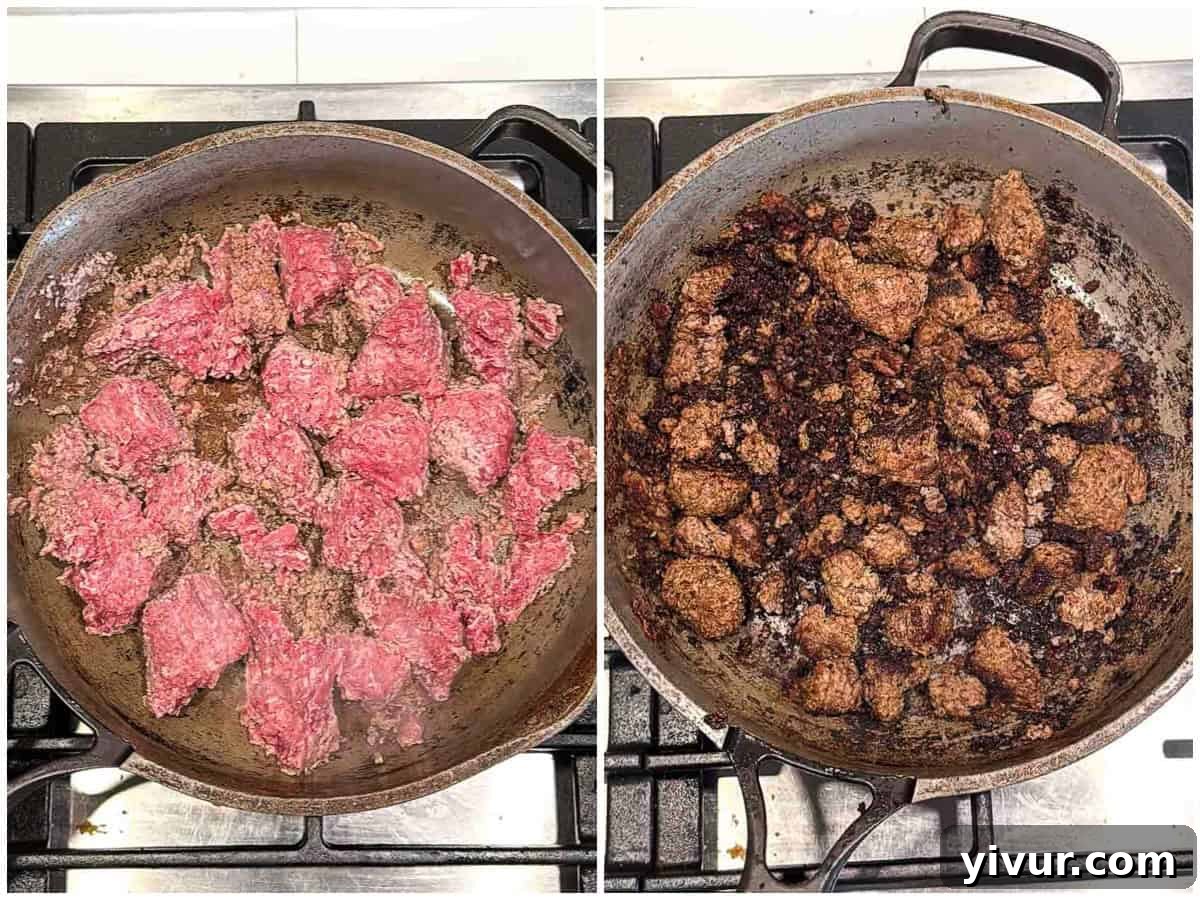 Ground bison cooking in a hot skillet, transitioning from raw to perfectly browned and slightly crispy, seasoned with kosher salt.