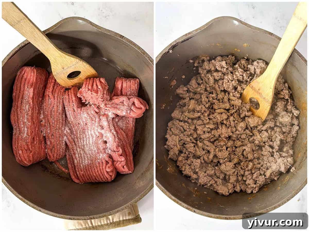 Ground turkey browning in a Dutch oven with seasonings.