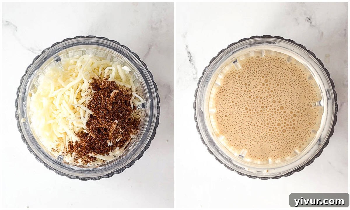 Protein-Boosted Cottage Cheese Queso 4 Step 1: Cottage cheese, shredded cheddar, mozzarella, and taco seasoning in a blender cup, ready to be blended until smooth.