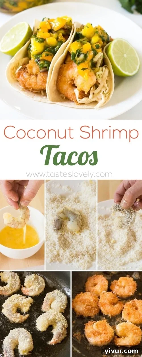Tropical Coconut Shrimp Tacos with a chili lime coleslaw and mango papaya salsa - seriously the BEST taco I have ever had! Close up of delicious ingredients.