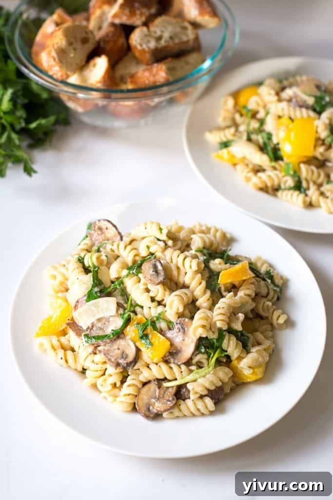 Vegetarian Pasta Recipe: Creamy Mushrooms, Bell Peppers, Arugula