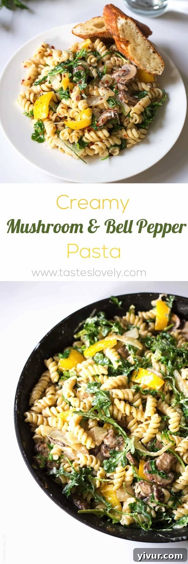 Creamy Mushroom and Bell Pepper Pasta with Arugula. Ideal for quick meals.