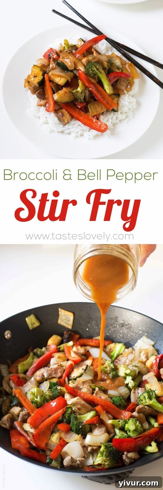 Sizzling Chicken Stir Fry with Broccoli and Sweet Peppers 7 Broccoli and bell pepper chicken stir fry, made with the BEST stir fry sauce!