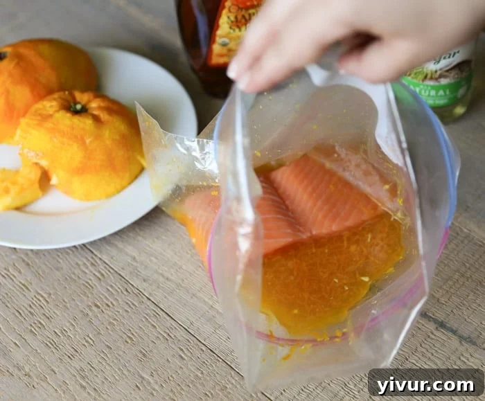 Salmon Fillets Marinating in Orange Maple Glaze