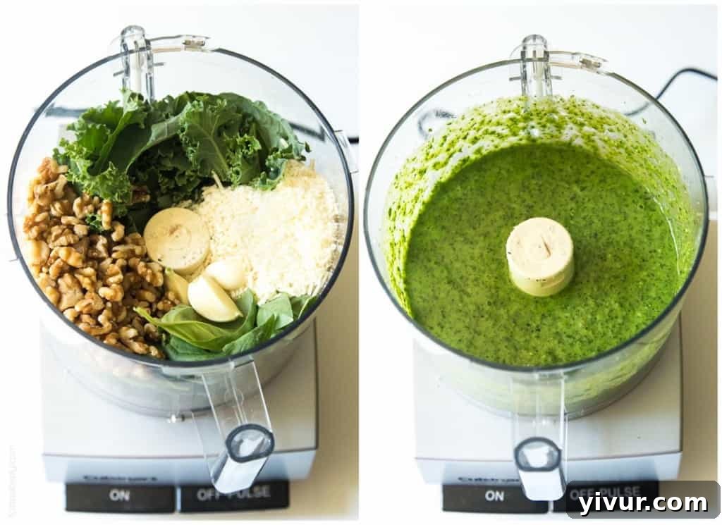 Ingredients for Kale Walnut Pesto and Blistered Tomato Pasta on a wooden board