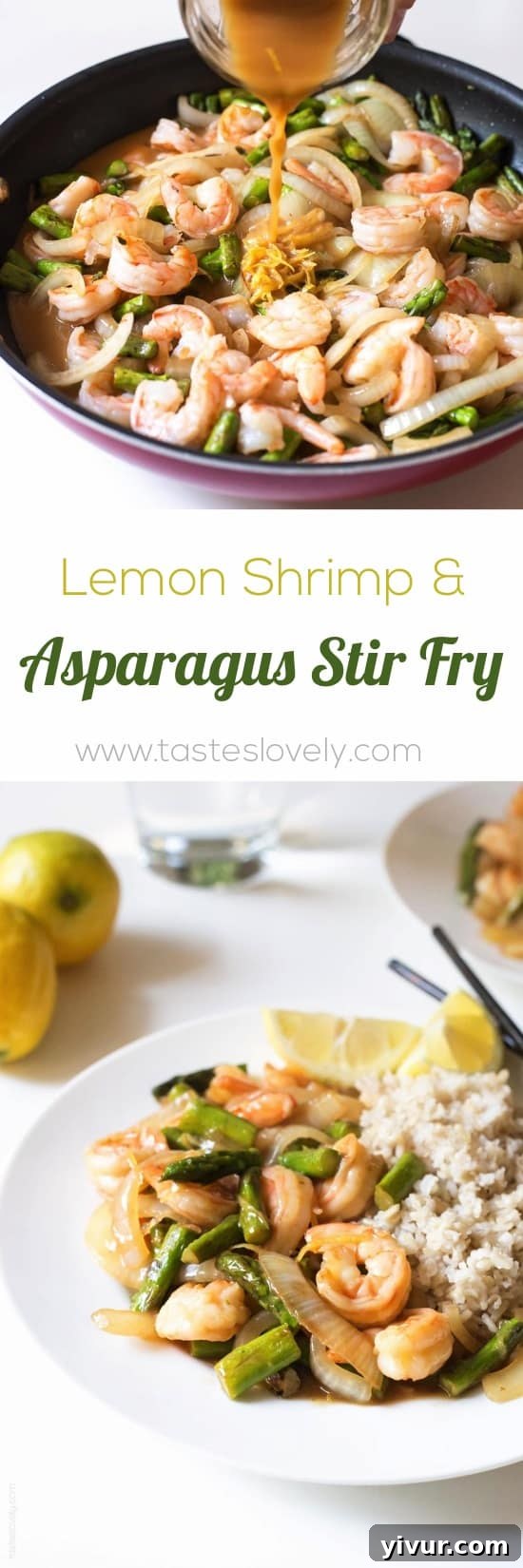 Full spread of Lemon Shrimp & Asparagus Stir Fry with chopsticks and lemons