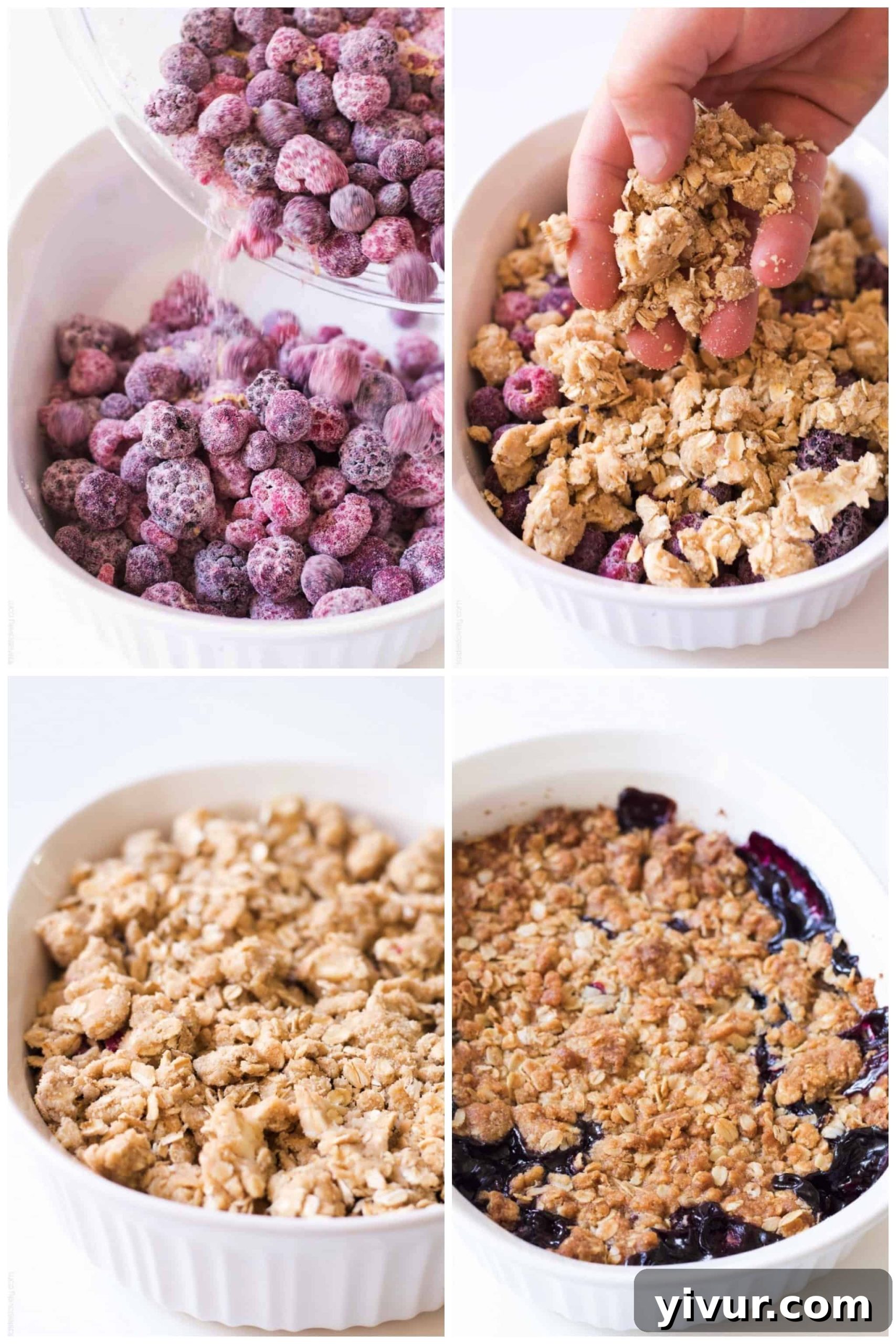 Quick Triple Berry Crumble from Frozen 4 A visual step-by-step guide showing the process of making a berry crumble, from mixing ingredients to assembling in a baking dish.