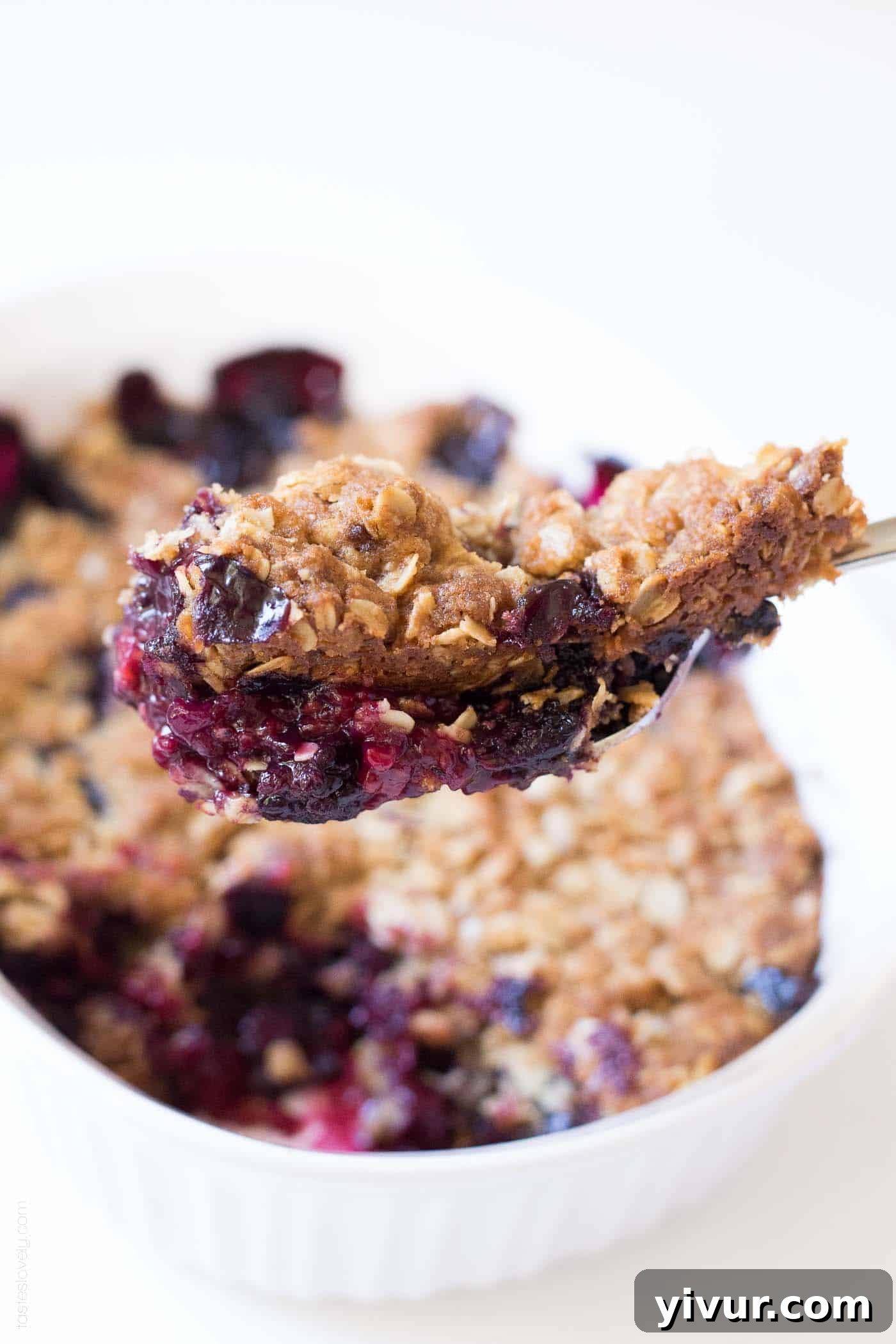 Quick Triple Berry Crumble from Frozen 5 A close-up shot of a spoonful of berry crumble, highlighting the crunchy oat topping and the soft, juicy berry filling.