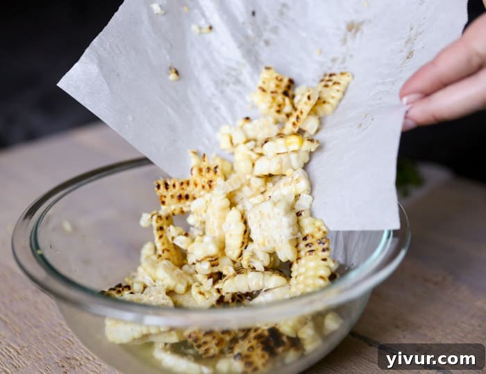 Adding charred corn kernels to the vinaigrette