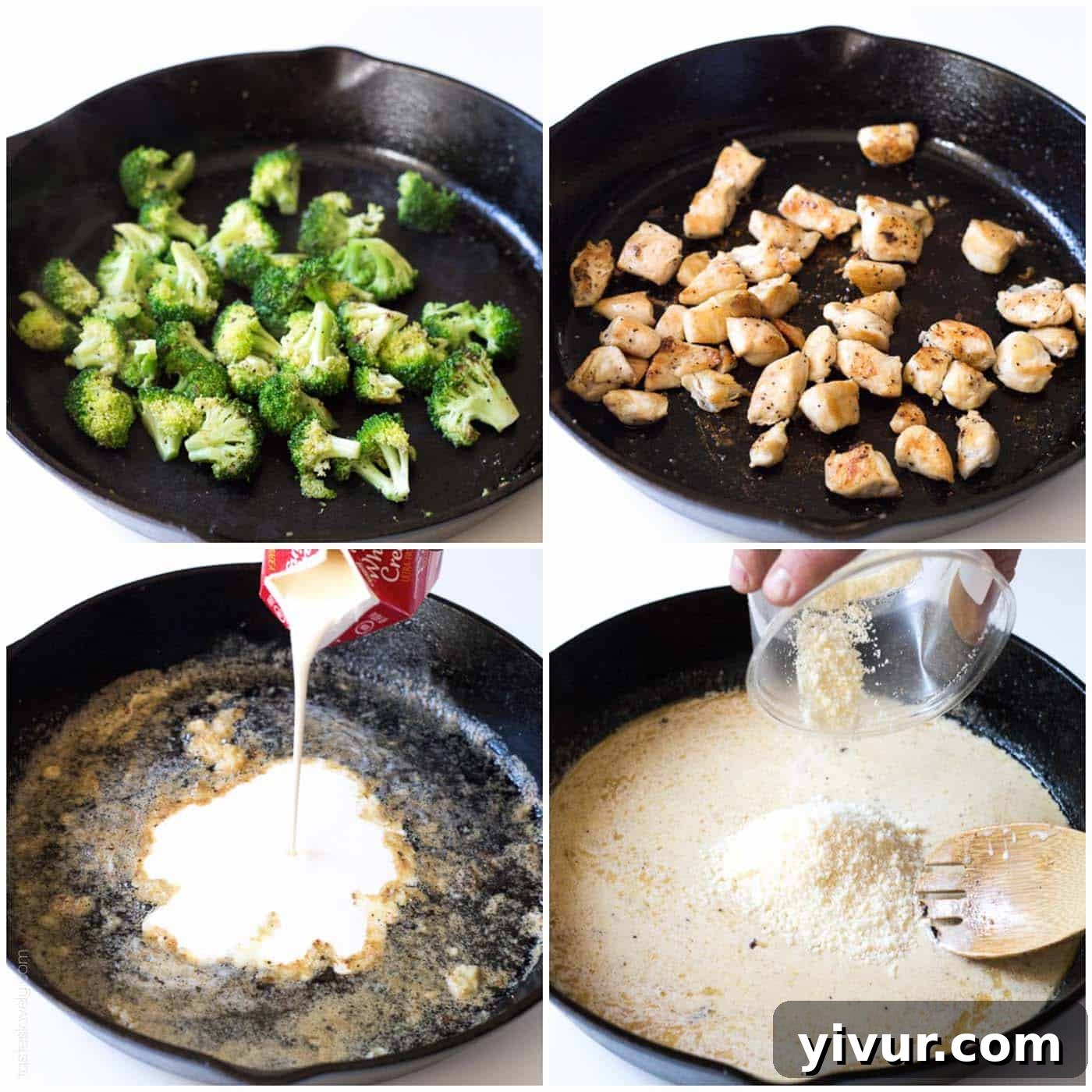 Quick Creamy Chicken Broccoli Fettuccine Alfredo 4 steps to make broccoli chicken alfredo in 4 quadrants