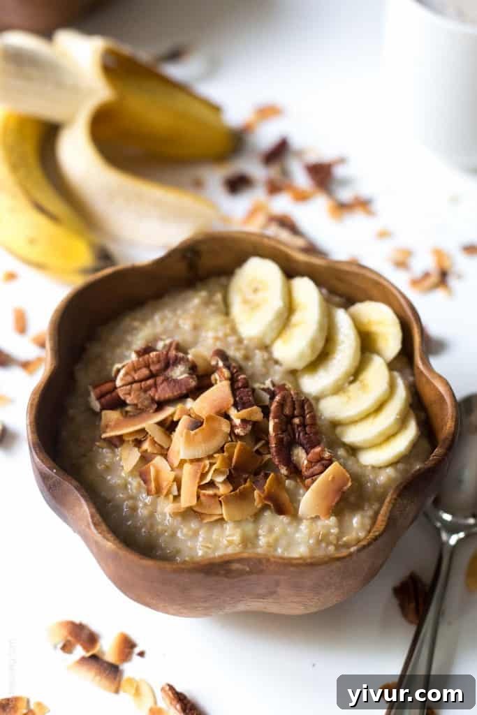 Tropical Coconut Banana Steel Cut Oats 2 Delicious and healthy Coconut Banana Steel Cut Oatmeal, a perfect vegan and gluten-free breakfast option.