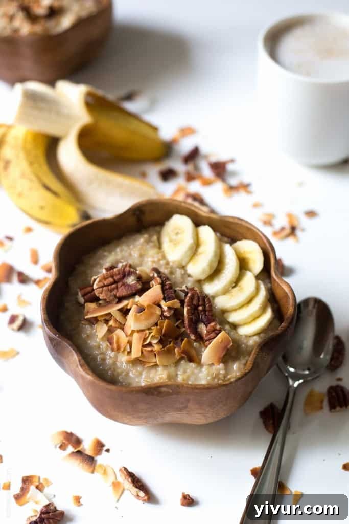 Tropical Coconut Banana Steel Cut Oats 7 A bowl of vegan Coconut Banana Oatmeal, ready to be enjoyed.