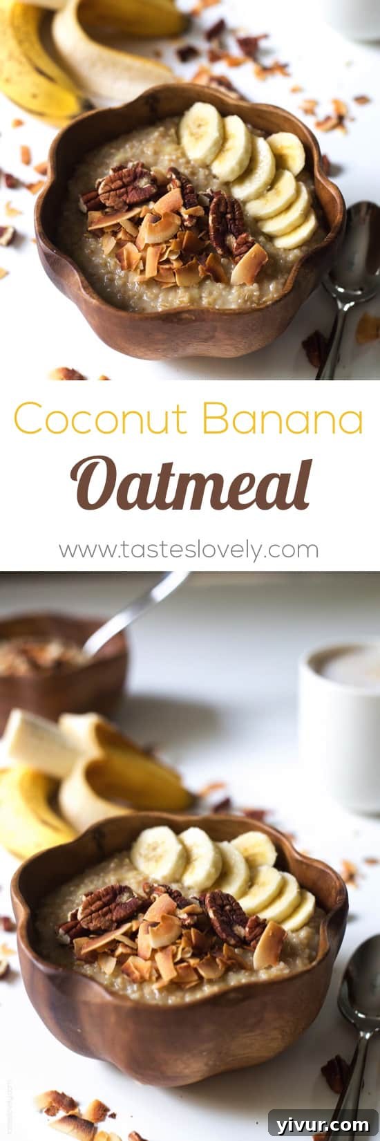 Tropical Coconut Banana Steel Cut Oats 9 A tall, narrow image of Coconut Banana Steel Cut Oatmeal, highlighting its appealing presentation.