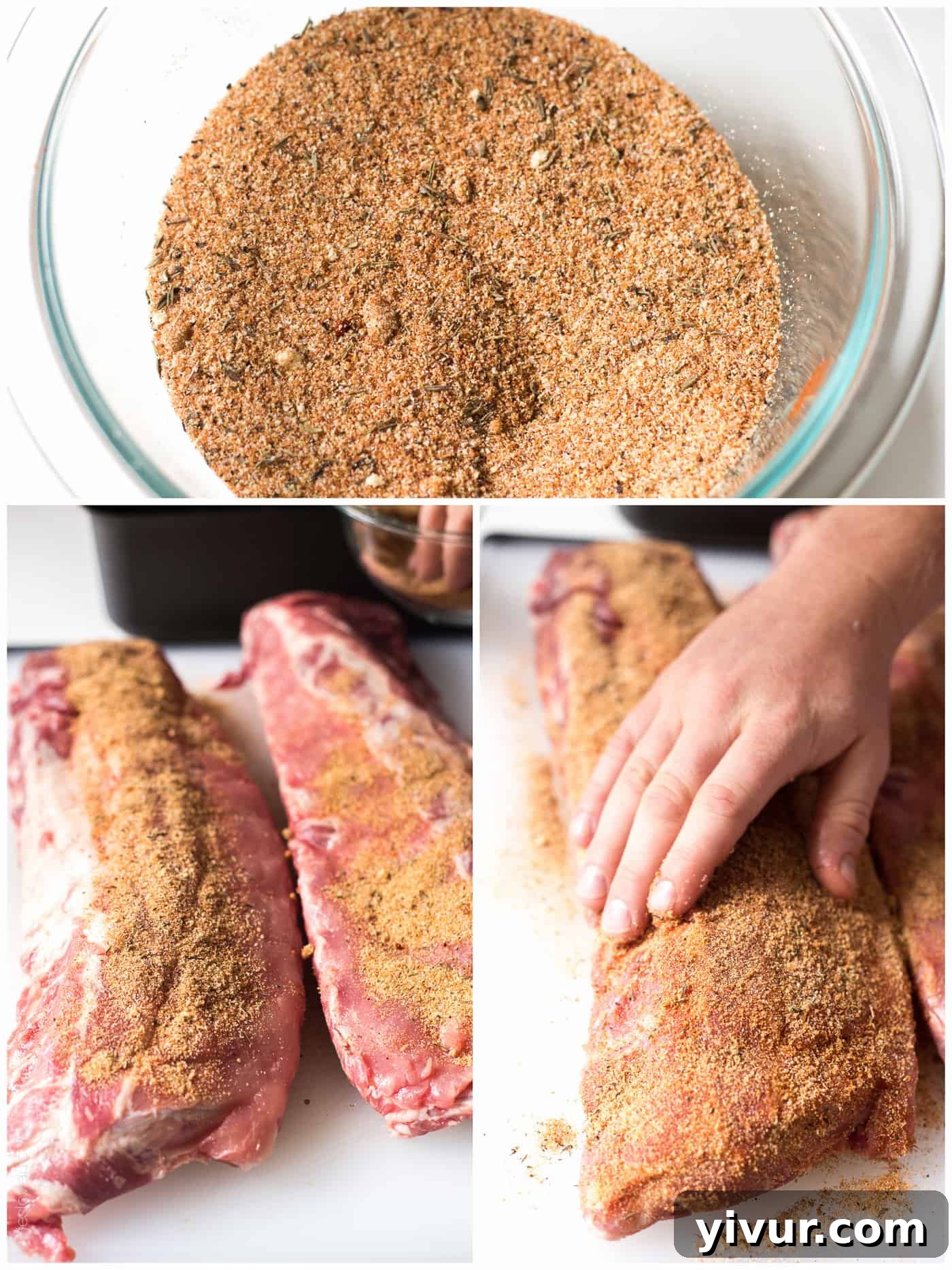 A person's hand applying a generous amount of dry rub spice mixture to a rack of raw baby back ribs before cooking.