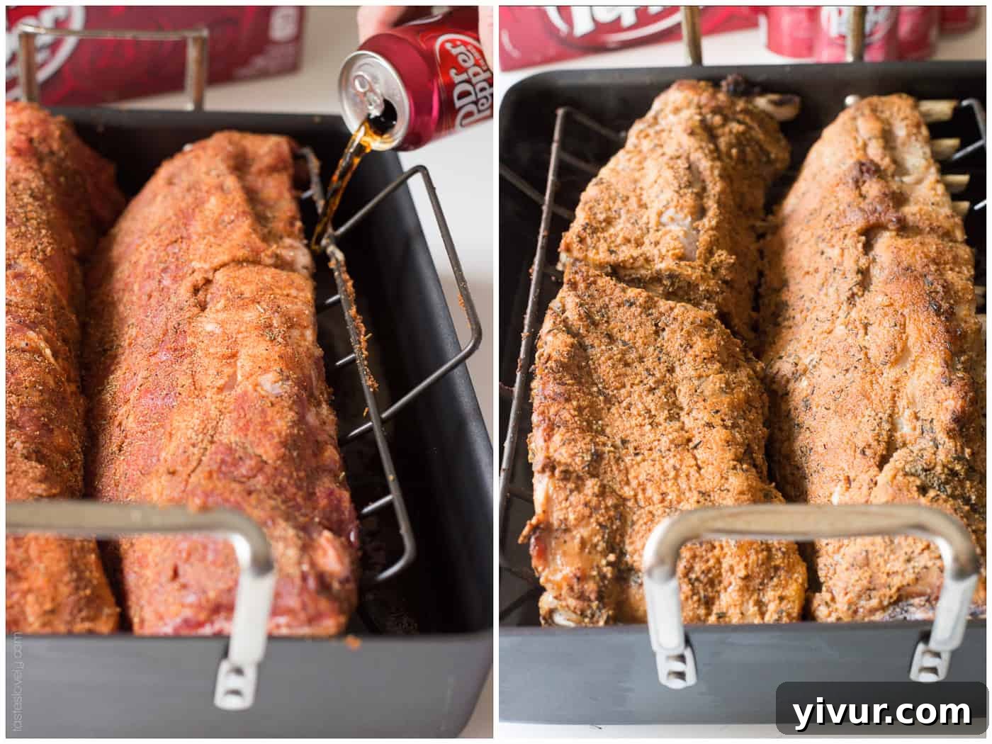 A can of Dr Pepper being poured into a roasting pan containing ribs, setting up for slow cooking.