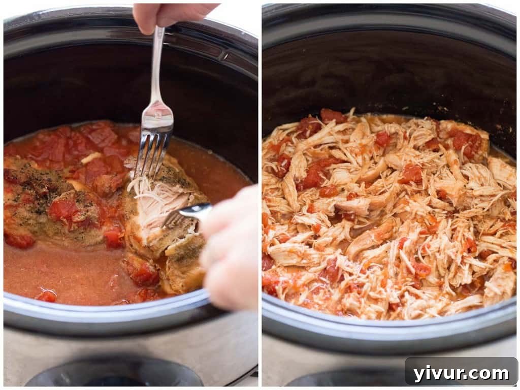 A plate of freshly prepared Slow Cooker Mexican Shredded Chicken Tacos, with a side of chips and salsa, an easy and healthy meal option.