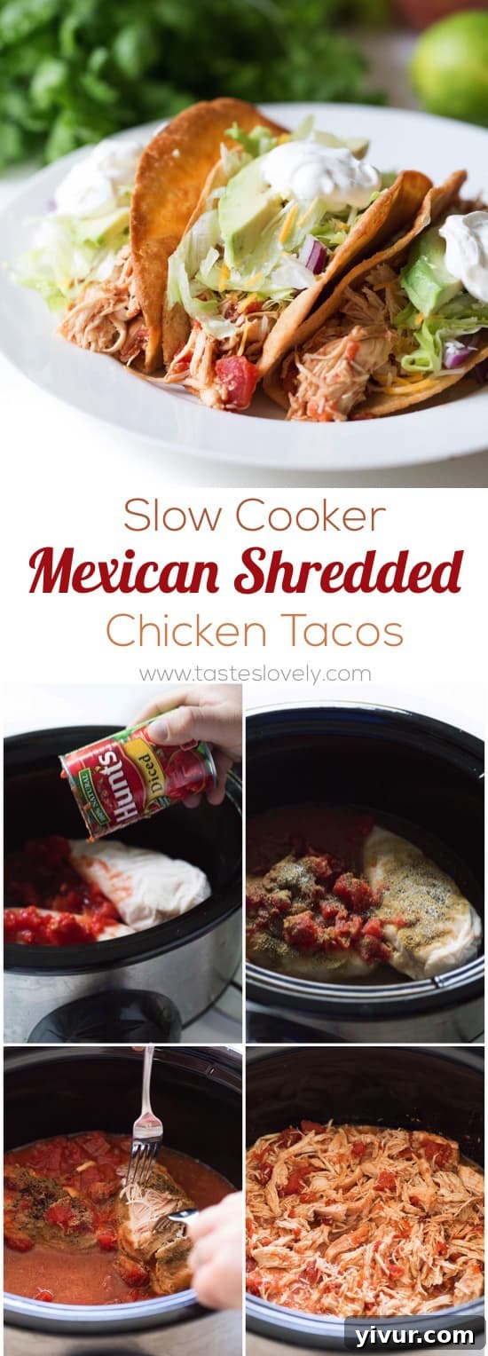 A large, appealing shot of Slow Cooker Mexican Shredded Chicken Tacos with all the fixings, ready to serve.