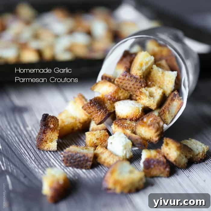 Crispy Garlic Parmesan Croutons 2 Golden brown garlic parmesan homemade croutons on a white background, ready to be served.