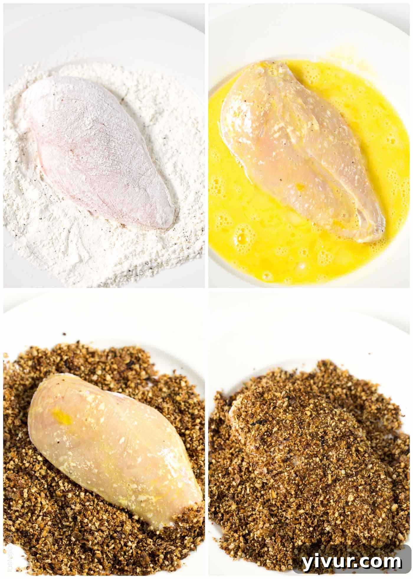 step by step photos showing how to dredge the chicken 