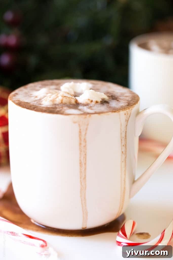 A hand gently holding a mug of dairy-free hot chocolate, topped generously with coconut whipped cream, ready to be enjoyed.