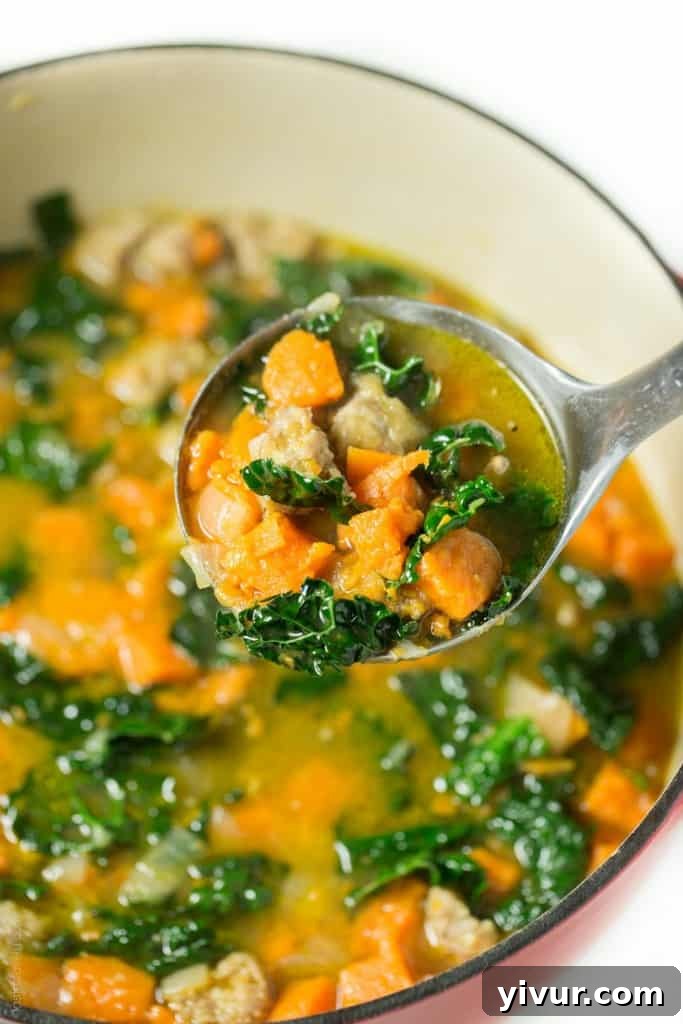 Hearty Italian Sausage and Sweet Potato Soup with Kale - Perfect for Paleo, Gluten-Free, Dairy-Free, and Whole30 Diets
