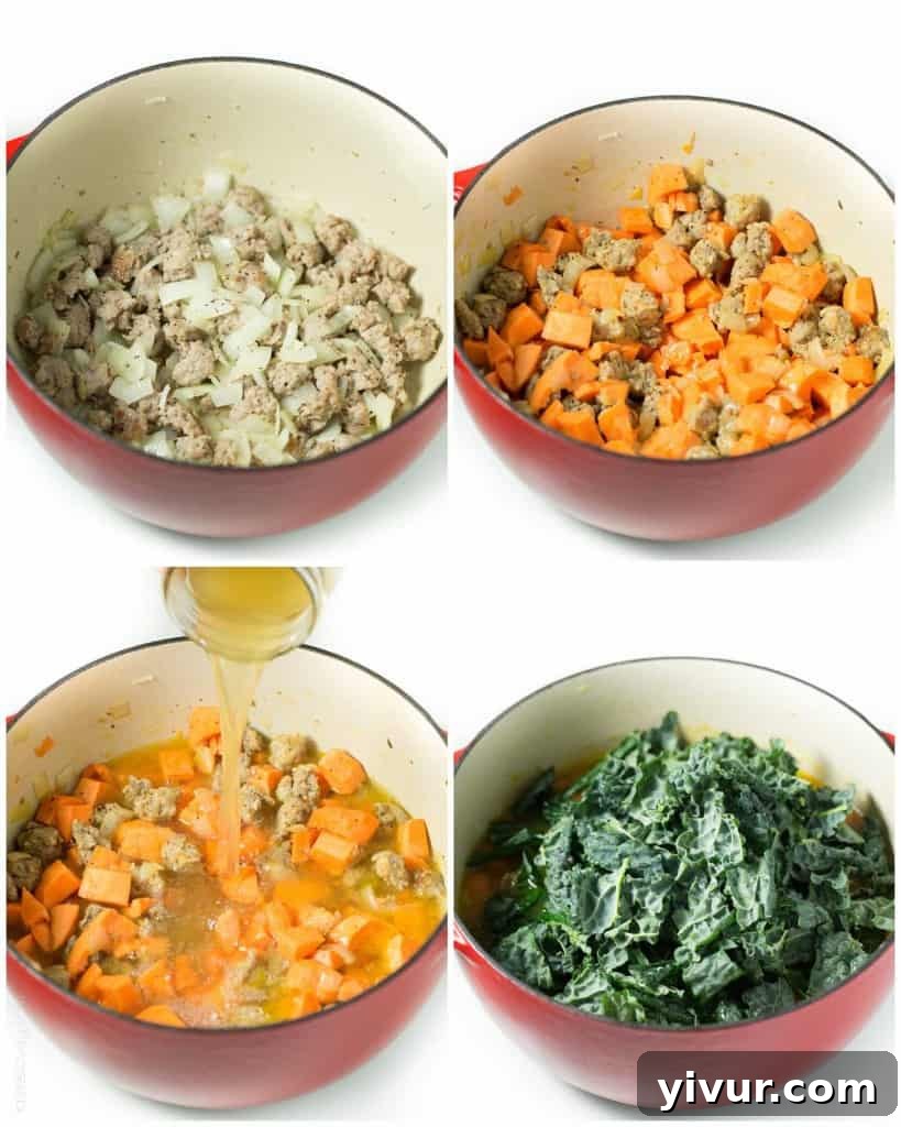 Close-up of a bowl of Sausage and Sweet Potato Soup with fresh kale