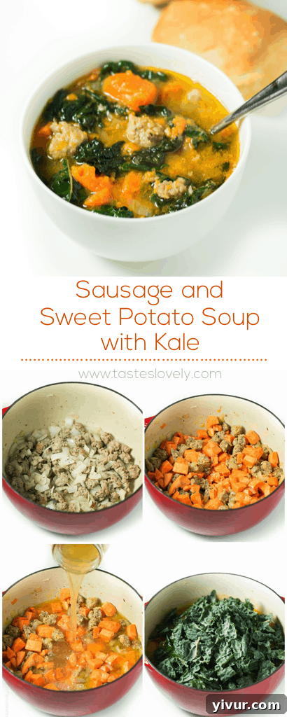Sausage and Sweet Potato Soup with Kale (Paleo, Gluten Free, Dairy Free, Whole30) in a white bowl