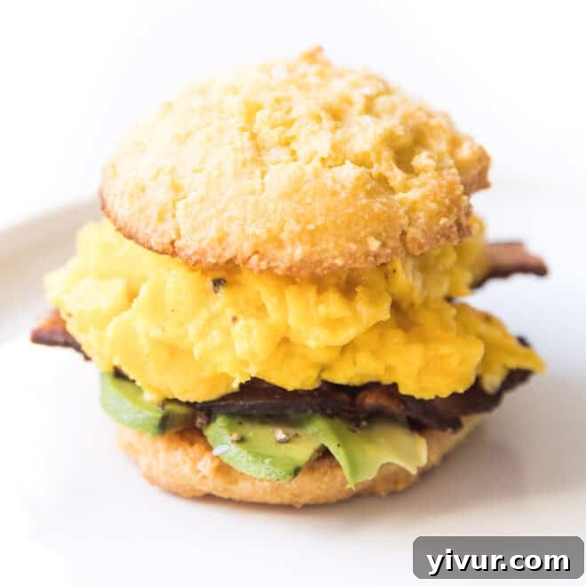 Keto biscuit breakfast sandwich with egg, bacon, and avocado on a white plate and background.