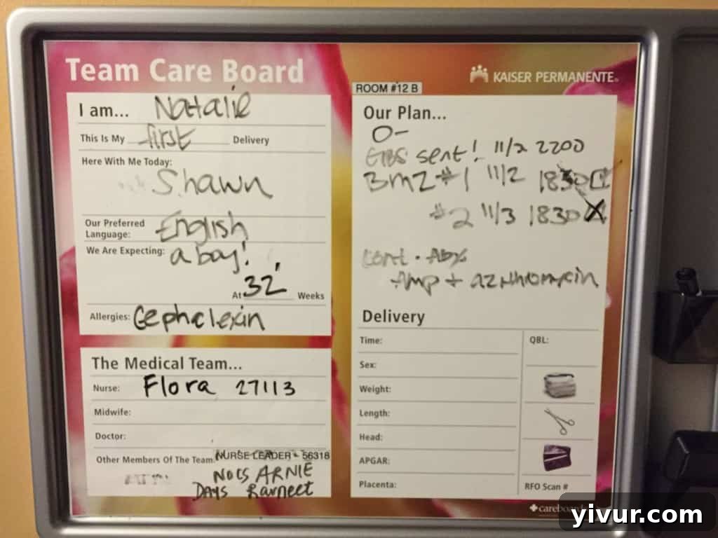 Hospital room whiteboard tracking pregnancy weeks on bedrest